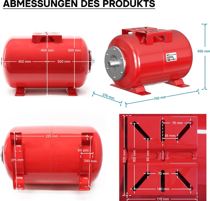 Produktbild Wiltec Membrankessel Hauswasserwerk 24L horizontal Ausdehnungsgefäss Druckkessel (Hauswasserpumpe)
