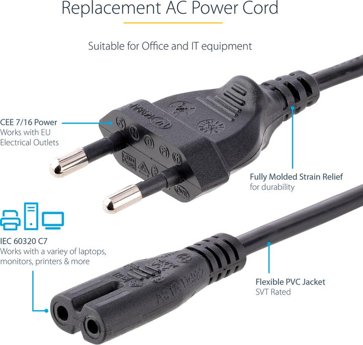 Actual product image StarTech com 2m (6ft) Laptop Power Cord, EU Plug to C7, 2.5A 250V, 18AWG, Laptop Replacement Cord, P (2 m)