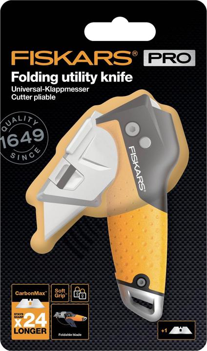 Produktbild Fiskars Universal-Klappmesser, Länge 17 cm, Rostfreier Stahl/Kunststoff, Schwarz/Orange, CarbonMax