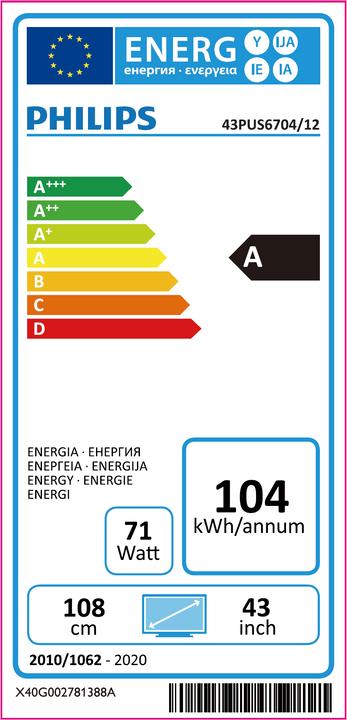 Etichetta energetica Philips 43PUS6704 (43", LCD, 4K, 2019)