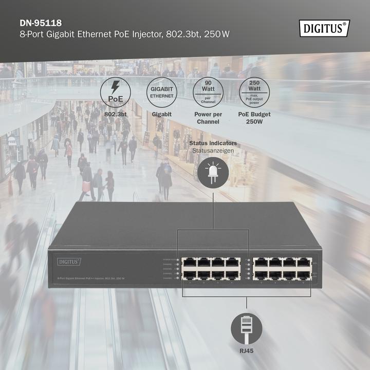 Produktbild Digitus 8-Port Gigabit Ethernet PoE+ Injektor, 802.3bt, 250 W (8 Ports)