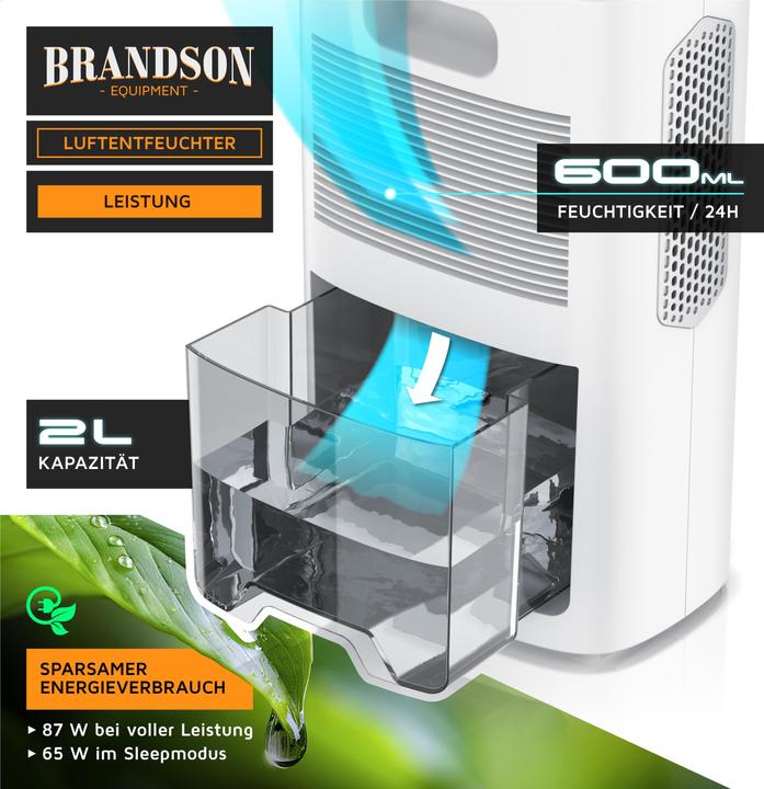 Produktbild Brandson Luftentfeuchter elektrisch, Raumentfeuchter, klein & leise, Wassertank 2000 ml, für 20 m³ Räume (20 m², 0.60 l/24h)