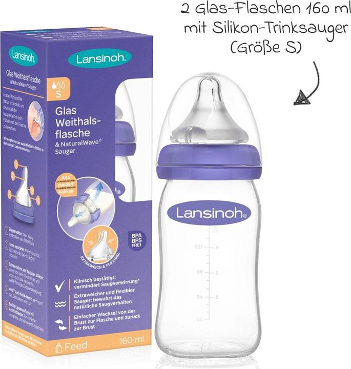 Actual product image Lansinoh Babyflaschen Glas-Flasche 2er Pack 160ml mit NaturalWave® Trinksauger (160 ml)