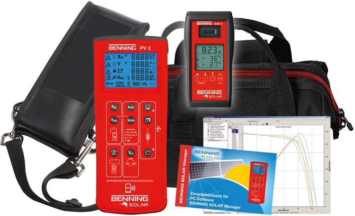PV 2 SET, Benning SUN 2 irradiance and temperature meter and shoulder bag, Benning PV 2 PV installation tester, Benning SOLAR Manager PC software