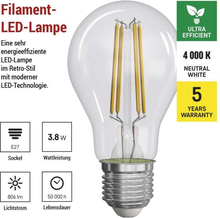 Image du produit Emos Lampe LED filament A60 / E27 / 3,8 W (60 W) / 806 lm / blanc neutre (E27, 3.80 W, 806 lm, 1 x, A)