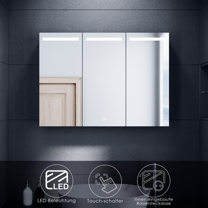 Image du produit SONNI Boîte à miroir LED pour salle de bain avec éclairage, 3 portes, 65 x 90 cm, roestvrij staal, a