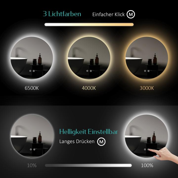 Produktbild Emke Badspiegel mit Beleuchtung Φ60cm, 3 Farbtemperaturen(3000K-6500K) und dimmbaren, Touch Schalter