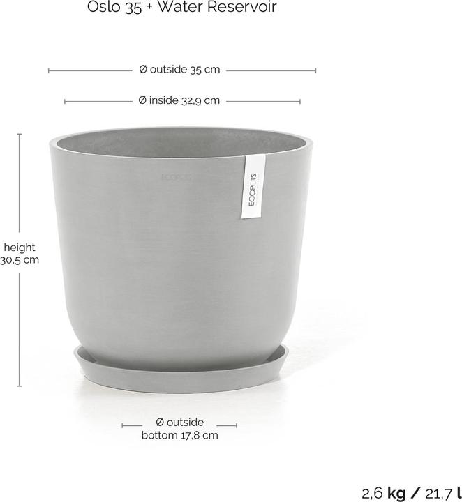 Actual product image Ecopots Oslo 35 + Water Reservoir White Grey (35 x 30.50 cm)