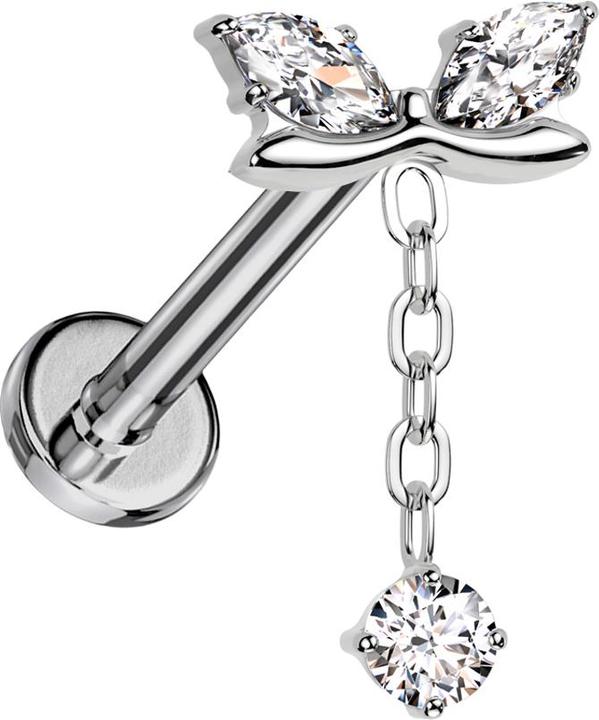 Produktbild Hollywood Body Jewelry Micro Labret Innengewinde silber geschwungener Balken zwei Ovale Kristalle silber Anhänger Kette Kri (ohne Messing, Titan)