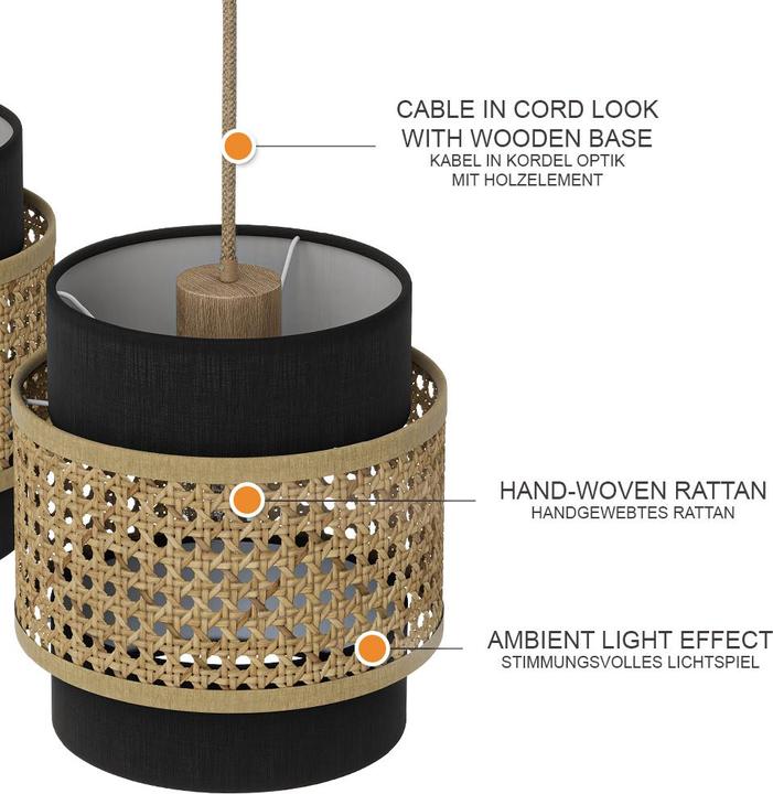 Actual product image Vicco 3-piece pendant light Morten, Rattan/black, 70 x 120 cm (E27)
