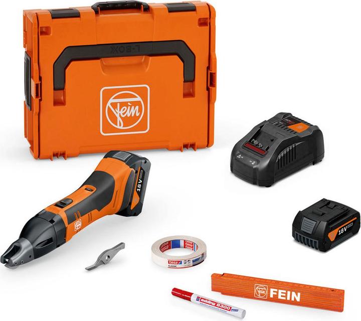 Charger GAL 1880 CV AS, Additional cam gauge, 2x rechargeable battery LiIon GBA 18V 5.0 Ah AS, Permanent marker, Painter's tape and metre rule