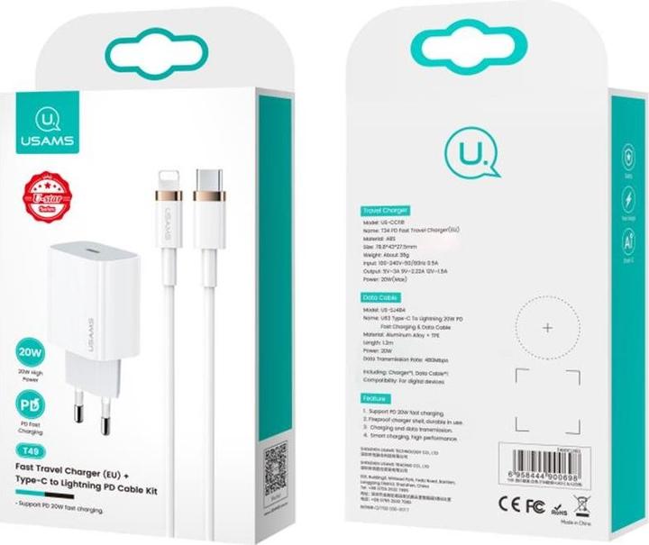 Actual product image Usams Ład. siec. 1xUSB-C T34 20W 5V-3A PD3.0 + cable U63 USB-C do lightning 20W biały/white (T49) T4 (1.20 m, USB 3.2 Gen 1, 20 W)