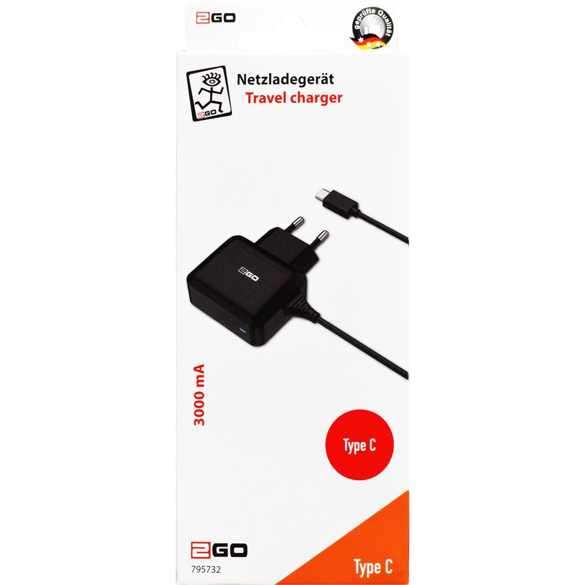 Thumbnail - 2GO Ladegerät für USB C 3A,schwarz mit fixem Kabel, USB Ladegerät, Schwarz