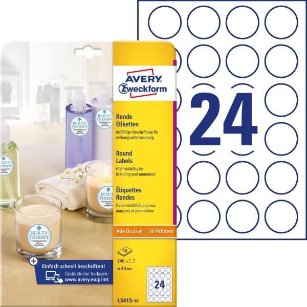 Produktbild Avery 240 Zweckform Etiketten L3415-10 weiss 40.0 x 40.0 mm