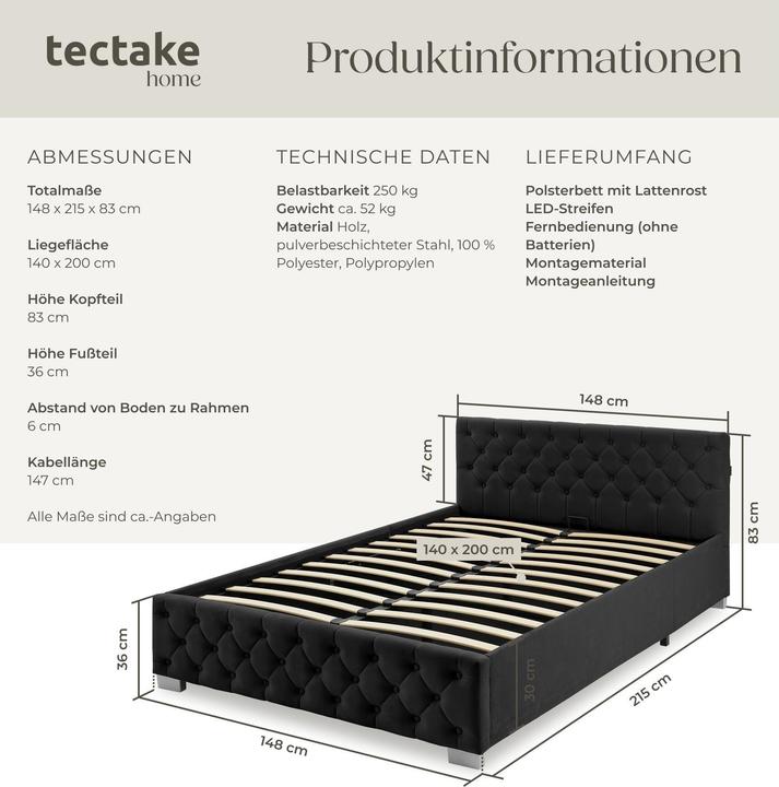 Actual product image tectake Ottoman Bed with LED strips & storage (140 x 200 cm)