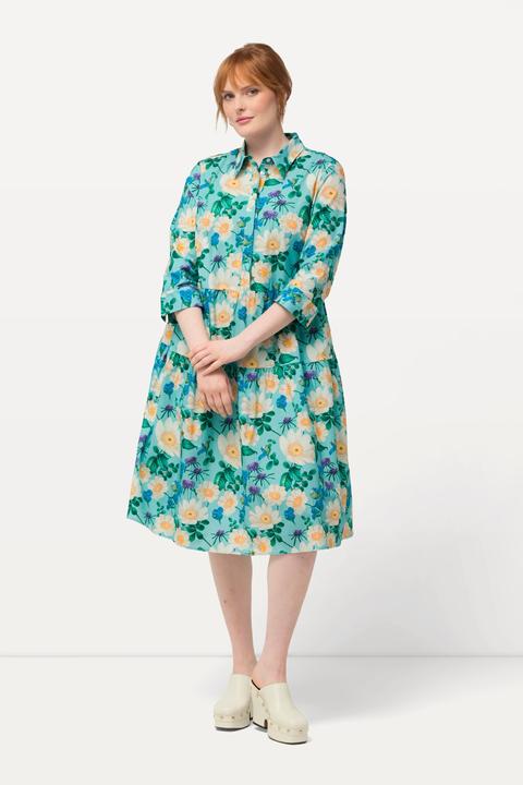 Image du produit Ulla Popken Robe chemisier, fleurs, coupe évasée, manches 3/4 (50, 52)
