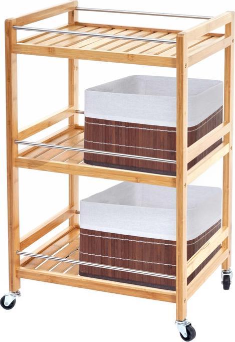 Actual product image Swisshandel24 Trolley, rolling shelf All-purpose trolley, 3 levels with 2x storage basket Bamboo brown