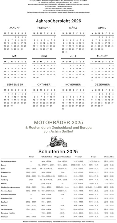 Produktbild Motorräder & Routen 2025 - Broschürenkalender - mit Schulferientabelle - Format 42 x 29 cm (42 x 29 cm, Harter Einband, Deutsch)