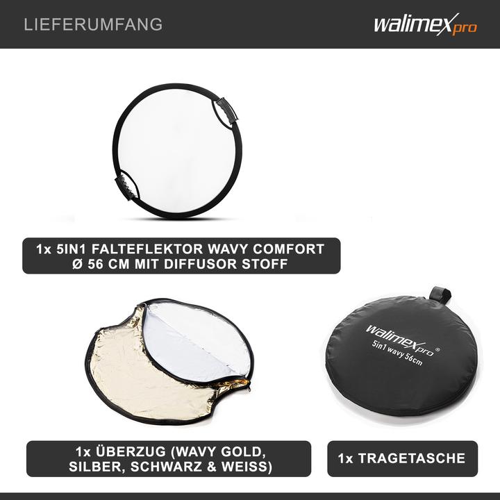 Immagine prodotto Walimex pro Pro 5 in 1 catarifrangente pieghevole comfort ondulato (Riflettore pieghevole, 56 cm)