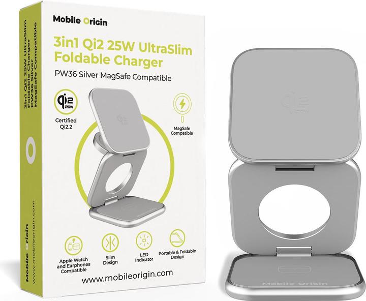 Image du produit Mobile Origin 3in1 Qi2 25W UltraSlim Foldable Charger PW36 MagSafe Compatible Silver (25 W)