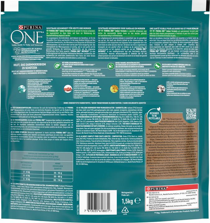 Nutritional values and ingredients Purina ONE Indoor (Adult, 1 pcs., 1500 g)