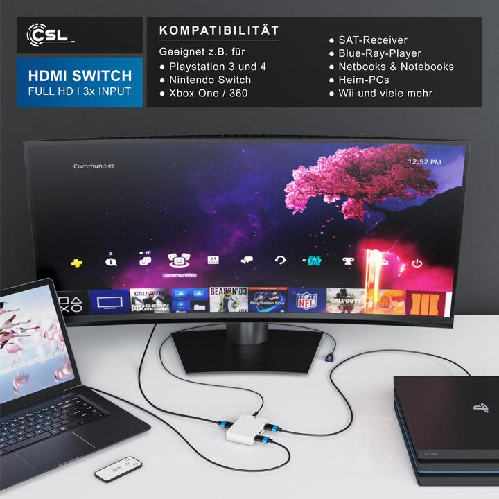 Actual product image CSL 3 port HDMI switch, audio / video distributor with amplifier, 3D, Full HD, incl. remote control