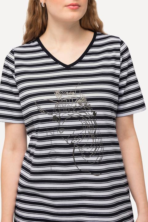 Produktbild Ulla Popken T-Shirt, Ringel, Metallic-Tiermotiv, V-Ausschnitt, Halbarm (42, 44)