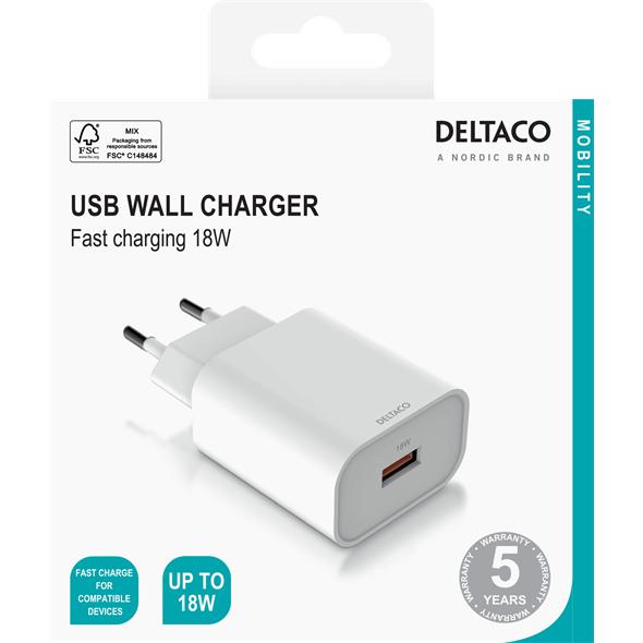 Thumbnail - Deltaco USB-AC182 mobile device charger White Indoor (18 W), USB Ladegerät, Weiss