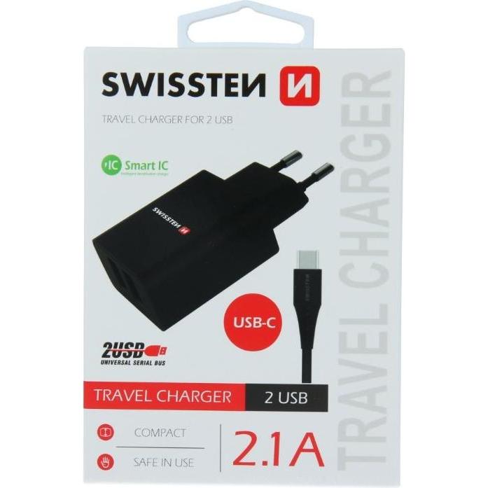 Swissten Banca di alimentazione USB da 2,1 A con IC intelligente + cavo USB-C (10 W), Caricatore USB, Nero