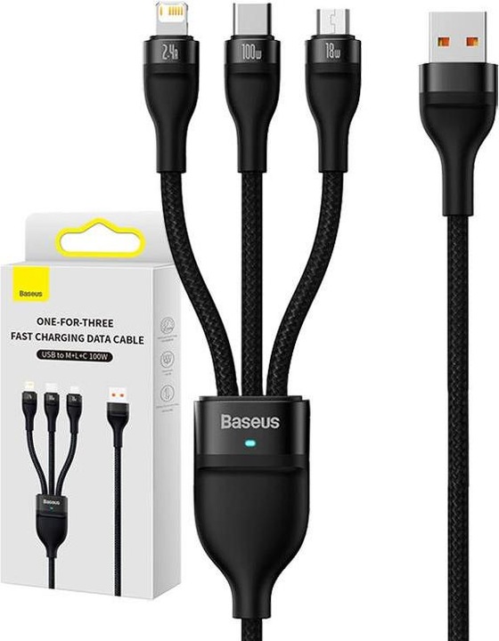Produktbild Baseus 3in1 USB cable Flash Series, USB-C + micro USB + Lightning, 100W, 1.2m (black) (1.20 m, USB 3.2 Gen 1)