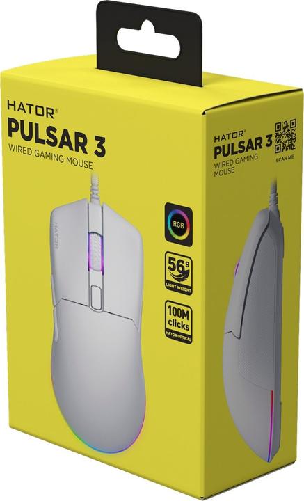 Actual product image Hator Pulsar 3, white - Optical Yellow 100M Switches PixArt PMW 3311(HTM611) (Cable)