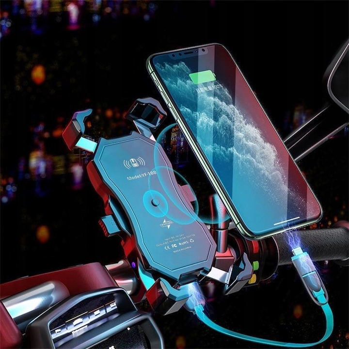 Produktbild FreedConn Motorrad-Telefonhalter Mc1w Mit Induktivem Ladegerät + Bm2r Steuerrohrbefestigung