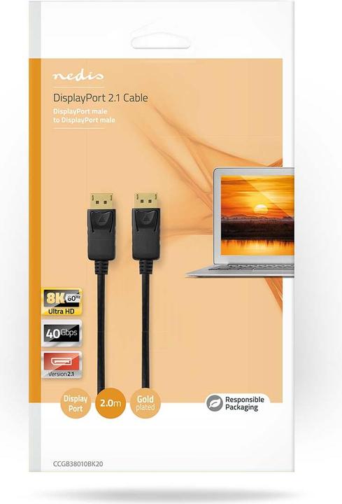 Actual product image Nedis DisplayPort cable | DisplayPort plug | DisplayPort plug | 8K@60Hz | Gold-plated | 2.00 m | (2 m, DisplayPort, 2.1)