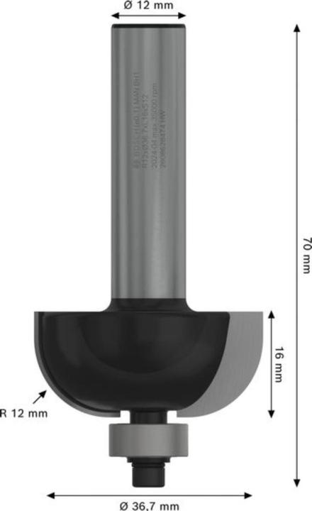 Produktbild Bosch Professional Zubehör Hohlkehlenfräser, 12 mm, R1 12 mm, D 36,7 mm, L 16 mm, G 70 mm