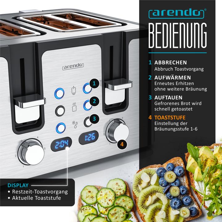 Produktbild Arendo Toaster 4 Scheiben Kurzschlitz, Edelstahl, Automatik, Wärmeisolierendes Doppelwandgehäuse, 1750 W