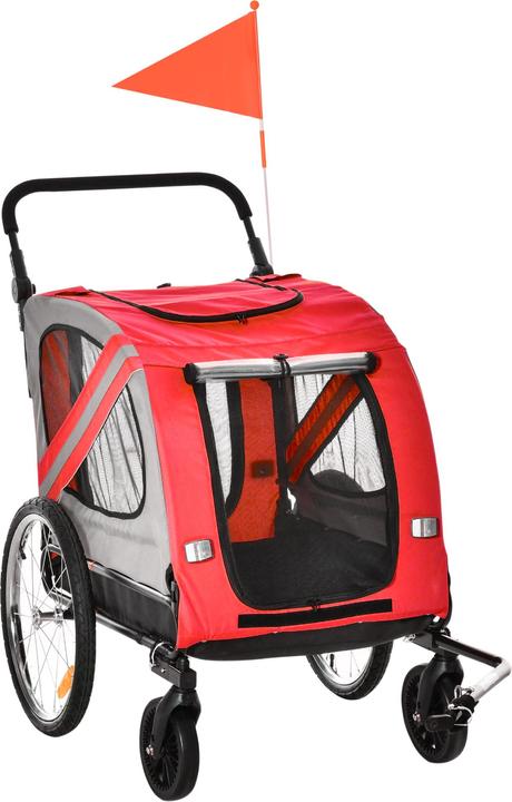 Produktbild PawHut 2-in-1 Hundewagen und Anhänger mit Luftpumpe und roter Fahne