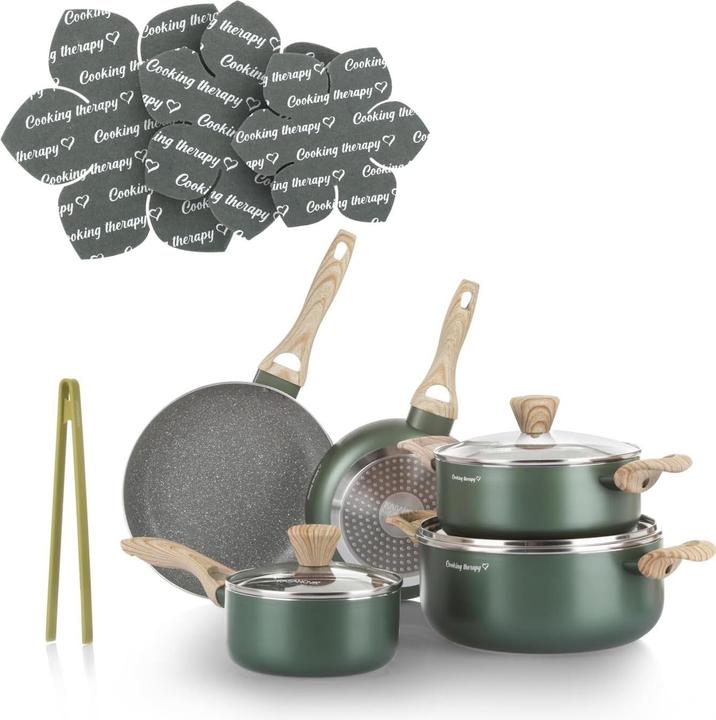 Immagine prodotto Kasanova Set pentole antiaderenti con spatola e manici effetto legno, 12 pezzi (Padella per friggere, Pentola)