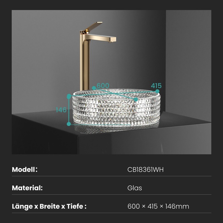 Immagine prodotto Emke Lavabo da appoggio, 360 x 360 x 112 mm, lavabo in vetro trasparente, Lavabo da appoggio rotondo (360 mm, 360 mm)
