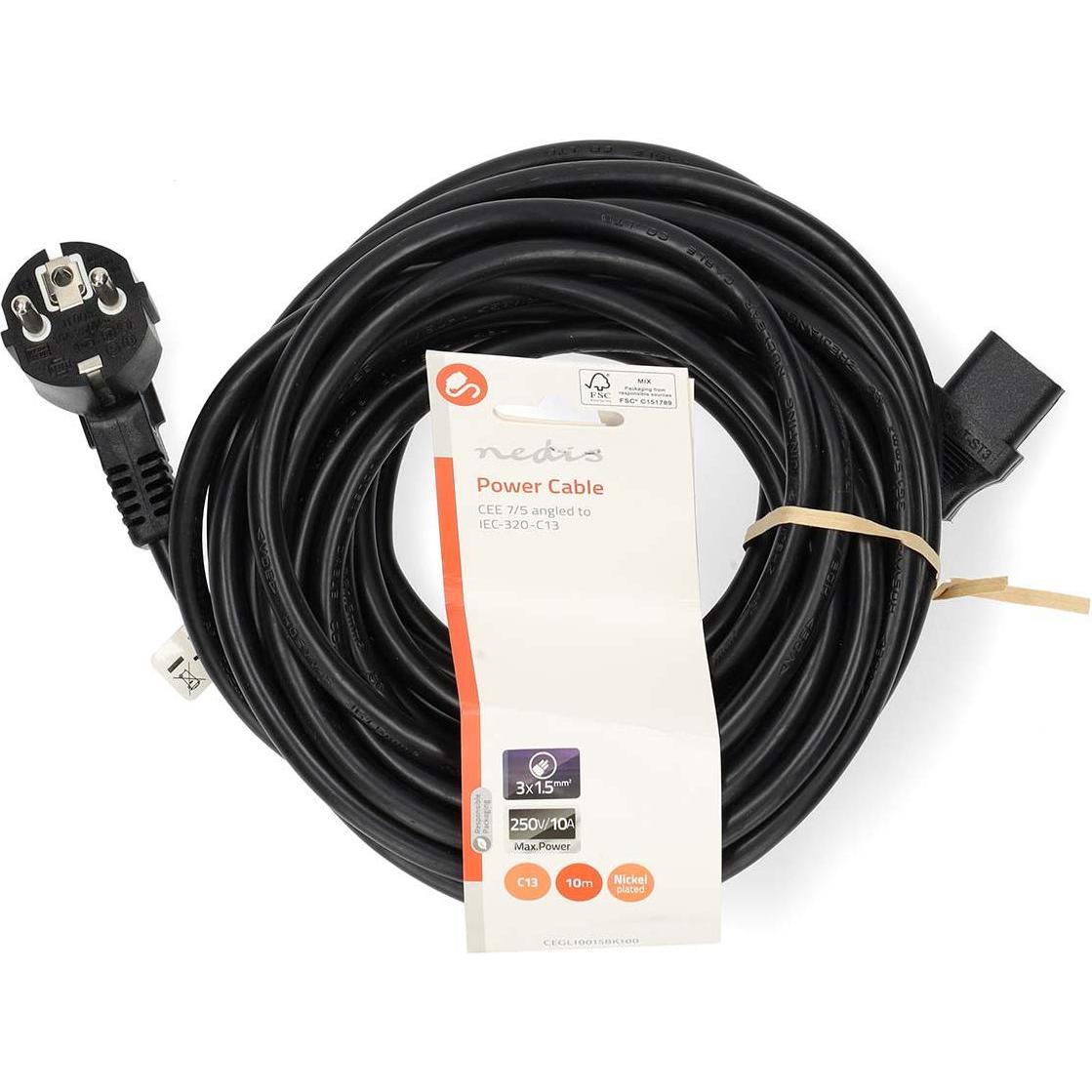Nedis Stromkabel Schutzkontaktstecker IEC-320-C13 Abgewinkelt Gerade Vernickelt 10.0 m (10 m), Stromkabel