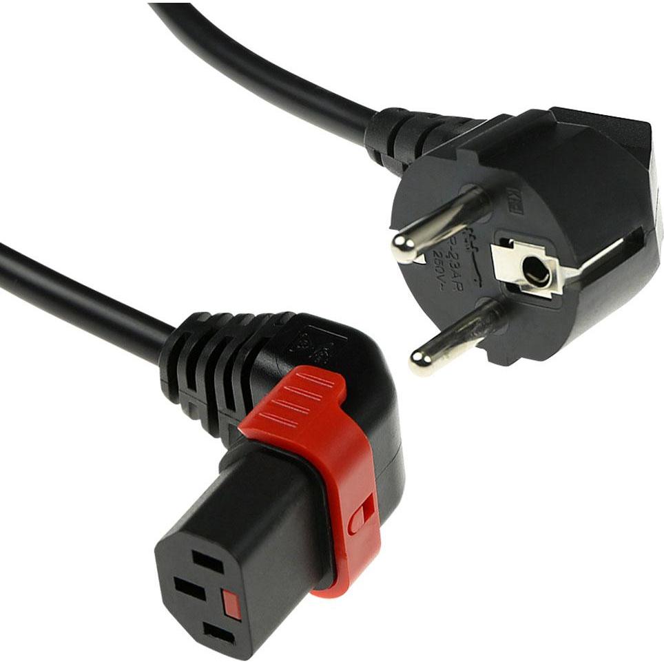Thumbnail - Iec Lock 230V Powercord CEE 7/7 male(angled) to C13 (up angled) lockable, black, 1 meter (1 m), Stromkabel