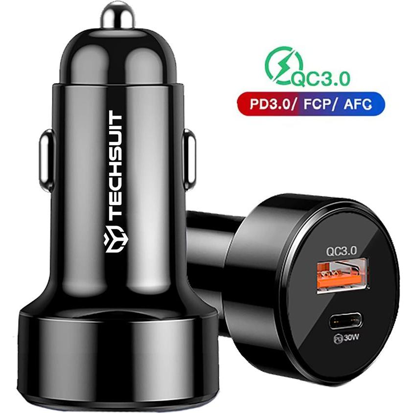 Techsuit - Car Charger Premium (TE-P31) - USB QC3.0 18W, Type-C PD30W, Total 48W, LED Light - Black, Adattatore per auto, Nero