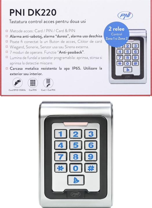 Immagine prodotto PNI Tastiera di controllo accessi DK220, indipendente, da esterno e da interno, IP65, con 2 relè (Combinazione numerica elettronica)