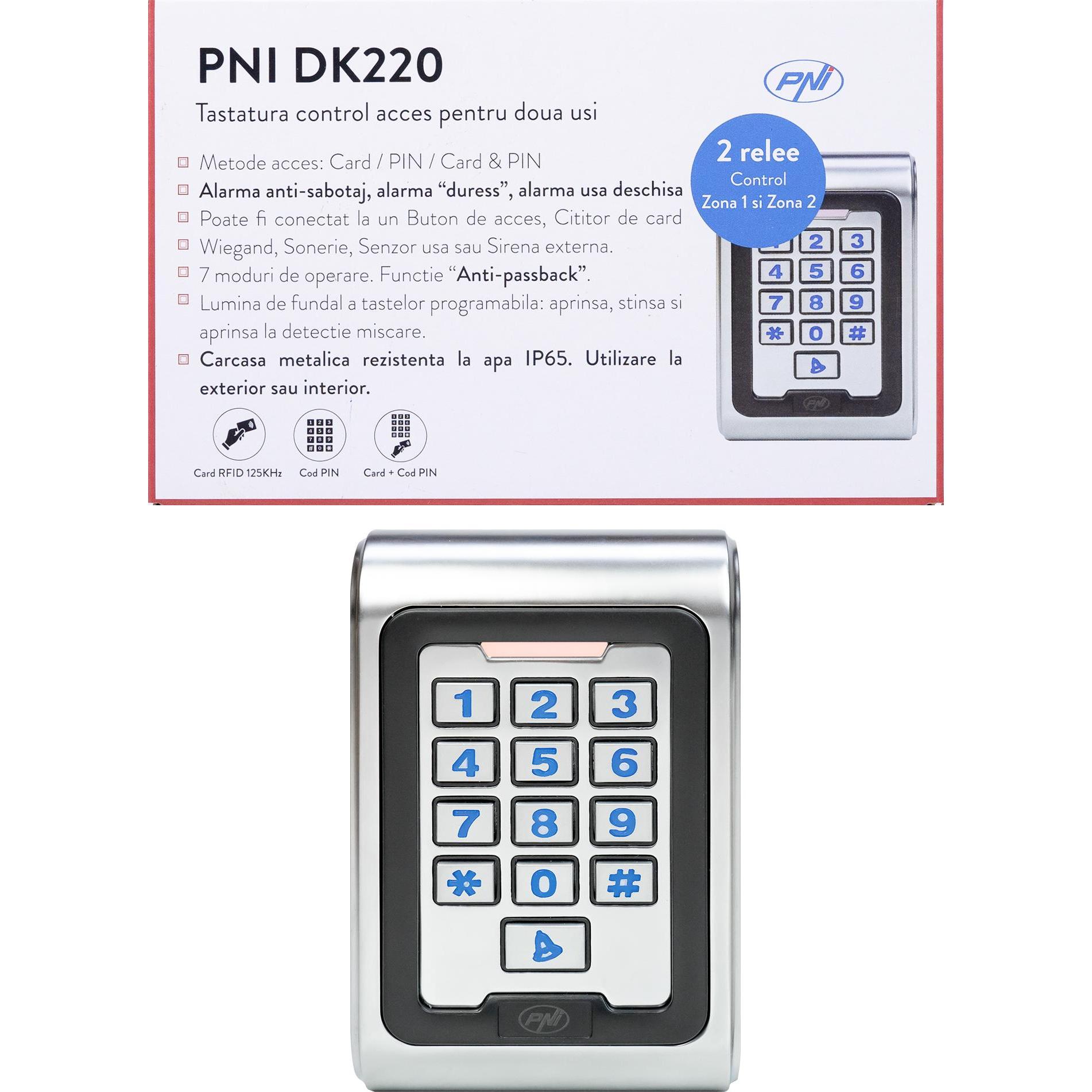 PNI, Zutrittskontrolle, Zutrittskontrolltastatur DK220, eigenständig, aussen und innen, IP65, mit 2 Relais (Elektronisch...