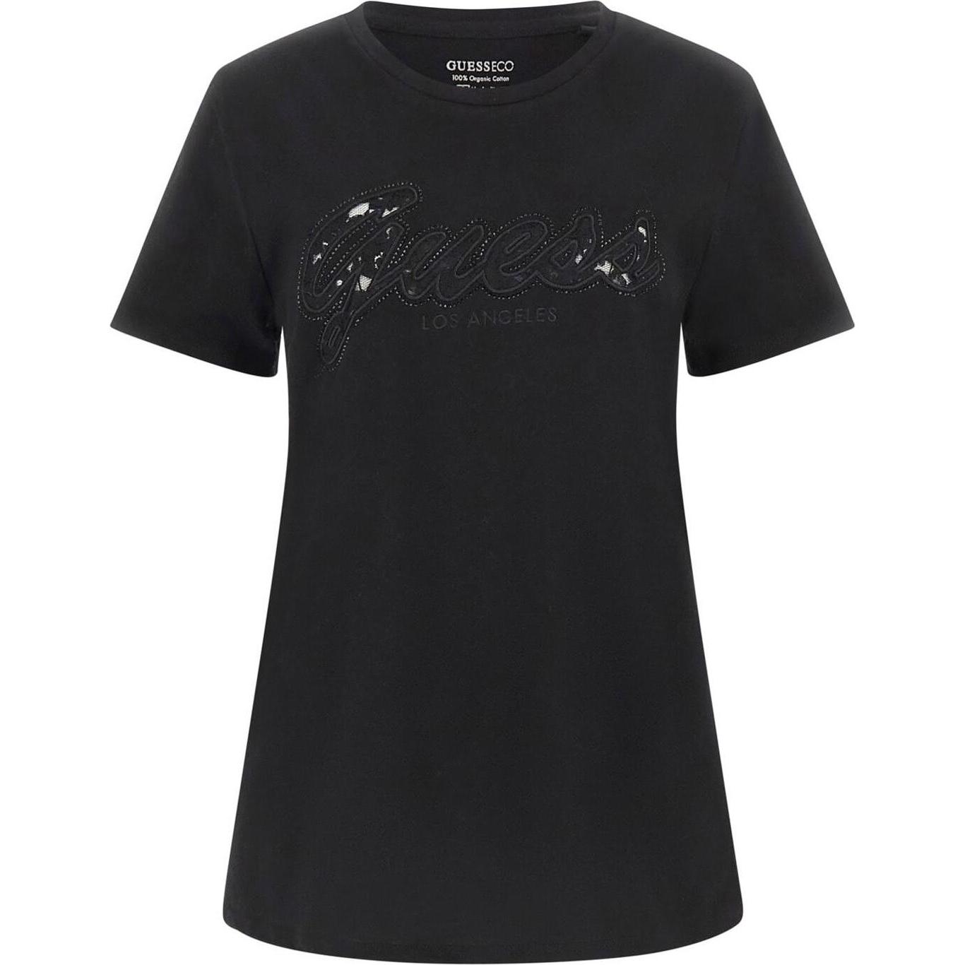 Guess, Damen, Shirt, Script Lace Logo Easy, Schwarz, (XL)