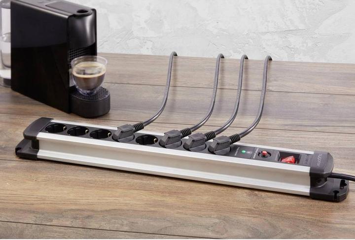 Actual product image Sygonix SY-4755614Surge protection socket strip silver black earthing contact 1 pc. (8x, CEE 7/3, 1.40 m)