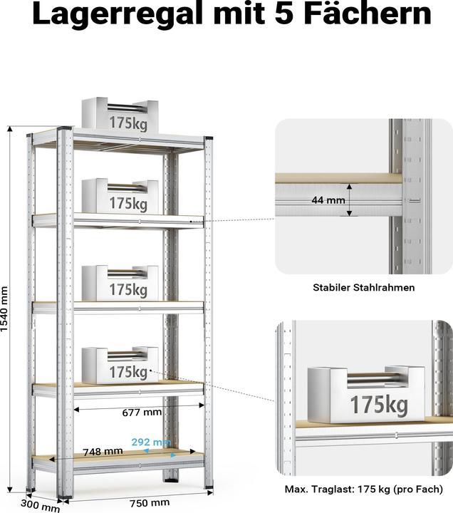 Image du produit Wiltec Étagère Charges lourdes Acier galvanisé 154x75x30cm 875kg Rayonnage emboîtable 5 Niveaux