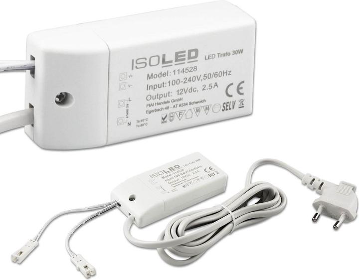 Image du produit Isoled Transformateur LED MiniAMP 12V/DC, 0-30W, câble de 200cm avec fiche plate, secondaire 2 prises