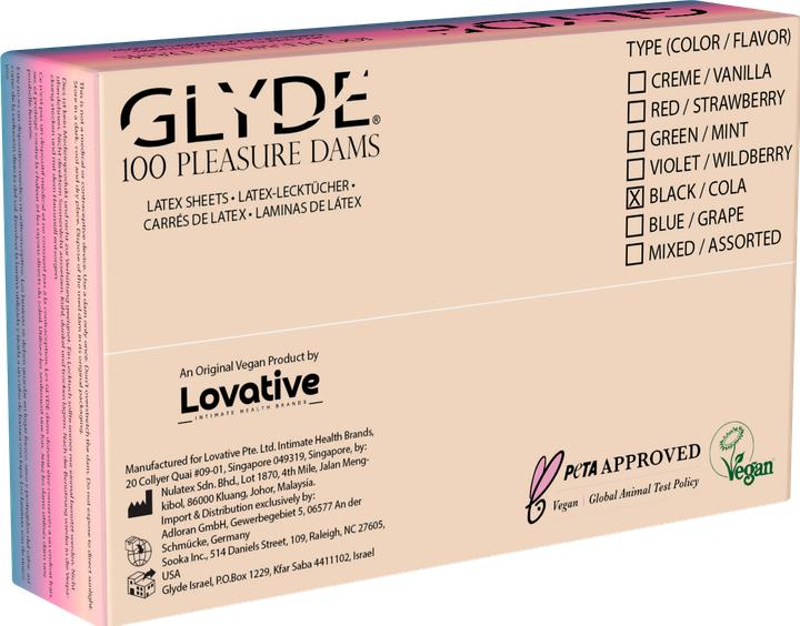 Actual product image Glyde Dams «BLACK/COLA» – 100 schwarze vegane Lecktücher mit Cola-Duft, zertifiziert vegan. (100 pcs.)