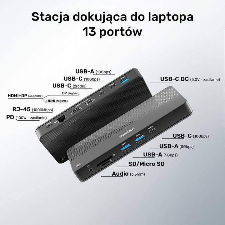 Actual product image Unitek STACJA DOKUJĄCA USB 4 12W1 HDMI/DP 8K 4X USB-C 3XUSB-A SD POWERDELIVERY 100W (USB-C, 12 Ports)