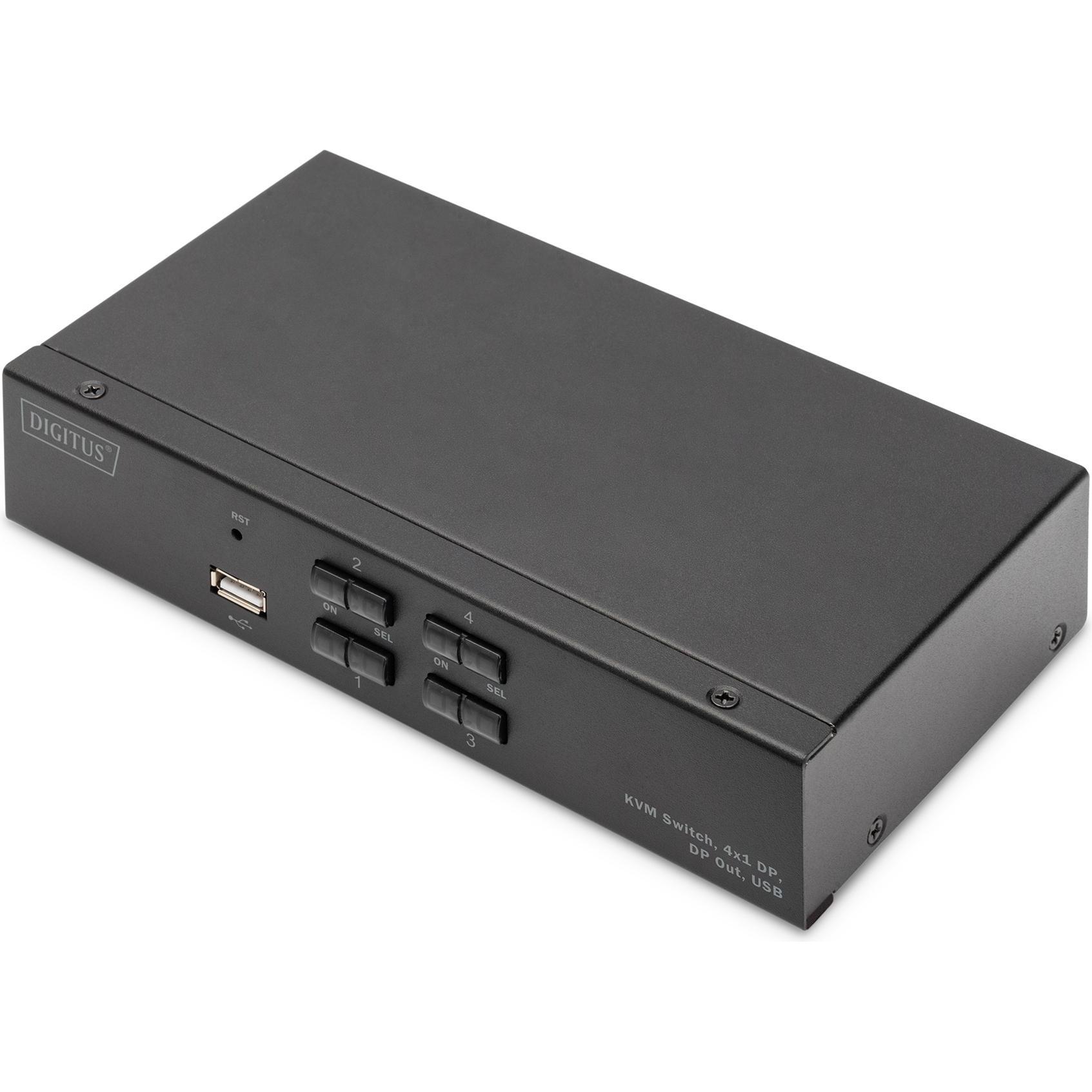 Digitus KVM Switch, 4x1 DP, DP Out,USB, KVM Switch, Schwarz